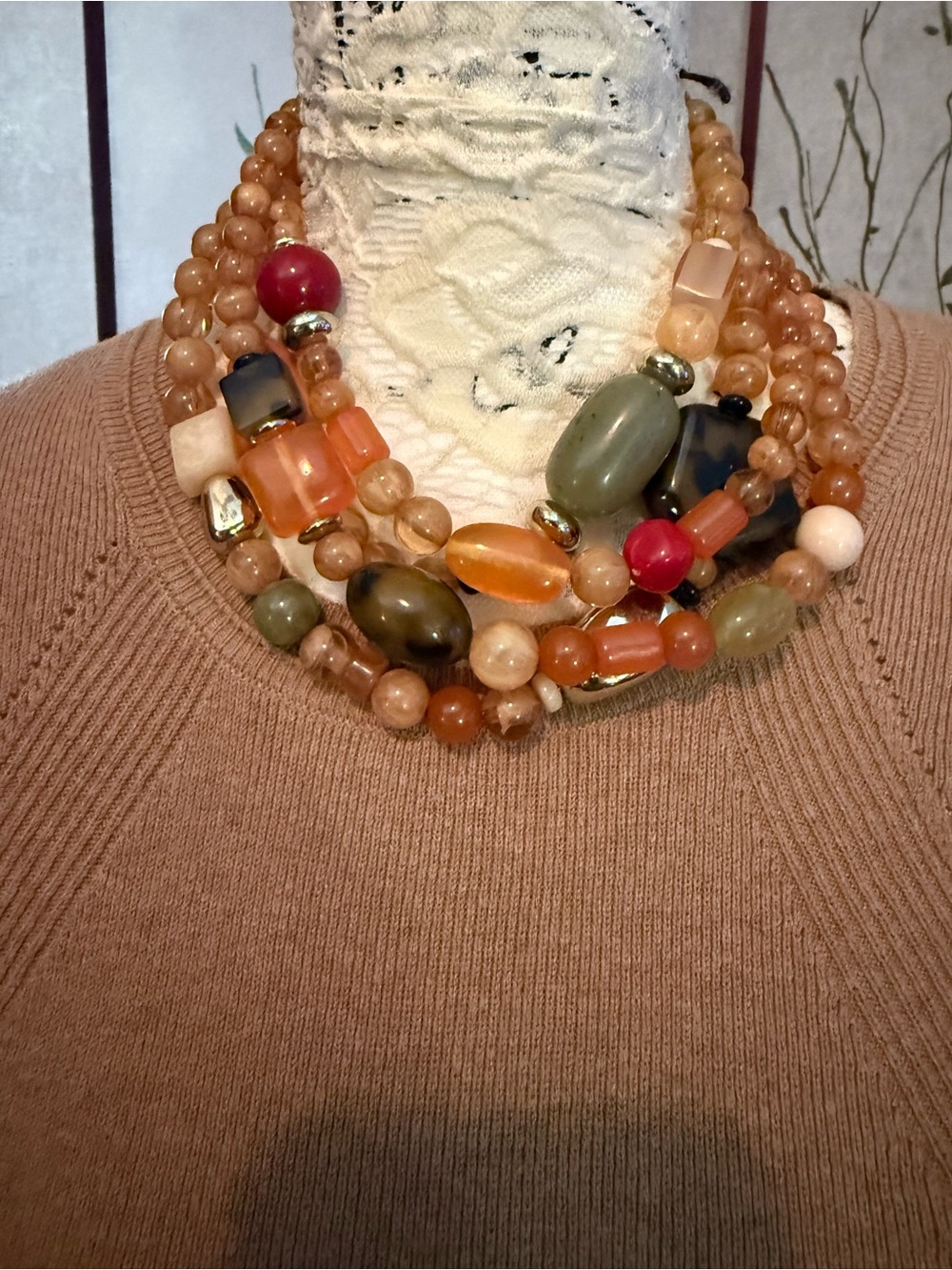 Chico's Multi-Strand Bead Necklace in Peach, Olive & Red Accents